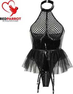 Erotische Rok Jumpsuit - Latex Wetlook - Transparante Borsten - Open Kruis - Dames — thumbnail 3