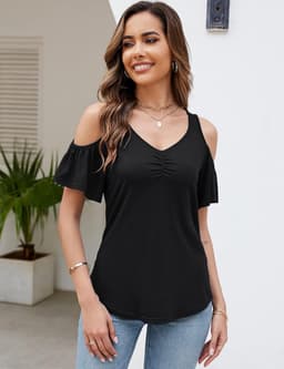 Dames Blouse met Blote Schouders en Ruffle Details - Zomer T-shirt met V-hals — thumbnail 4