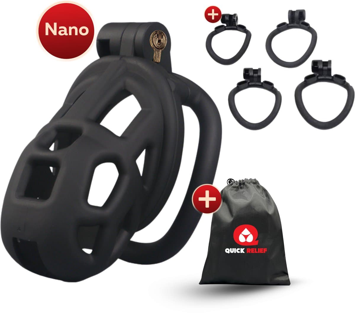 Quick Relief Elite Lock™ Nano - Chastity cage - Kuisheidskooi met 4 ringmaten - Kuisheidskooi voor Mannen - Sissy - BDSM - Cock Cage - Zwart — afbeelding 1
