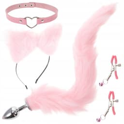 Volle Vos Kostuum Set - Met Pluche Staart， Oren Hoofdband， Halsband en Accessoires， voor Roleplay en Feesten，Roze — thumbnail 6