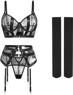 Luxe Lingerieset Dames – Lingerie Erotisch – Sexy Lingerie – 4-delige set – Kant – Lingerie Setje – Verleidelijke BH met Jarretels, Hoge Taille String & Kousen – Sexy Lingerie – Chique – Luxe –Boudoir Look – Kinky – Erotisch – Maat XS/S, M, L, XL — thumbnail 6