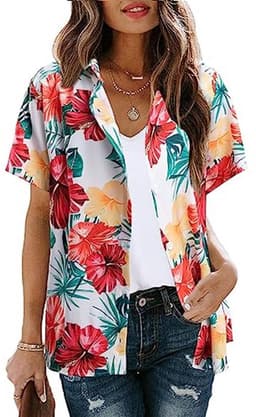 Vrouwen Hawaï-shirt met V-hals en Korte Mouwen - Zacht Trendy T-shirt met Tropische Bloemenprint — thumbnail 5