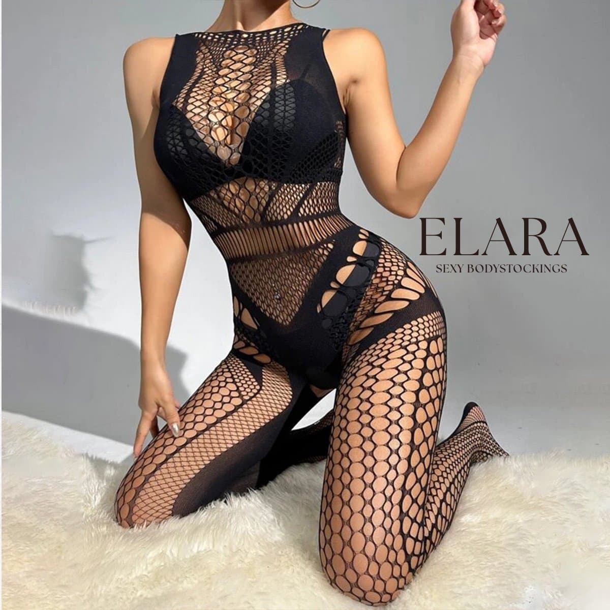 Elara - Mariellea - Bodystocking Erotische Lingerie met Open Kruis - Catsuit - S t/m XL - Sexy Dames Lingerie - Zwart — afbeelding 1