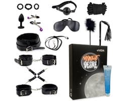 VIVIDIA Midnight Desire – Premium BDSM Bondage Set voor Koppels – Bondage Touw, Handboeien, Enkelboeien, Hogtie Straps, Tepelklemmen, Zweep, Kietelveer, Buttplug, Cockrings, Masker, Gag Ball & Halsband met Lijn – Sex Toys voor Mannen & Vrouwen