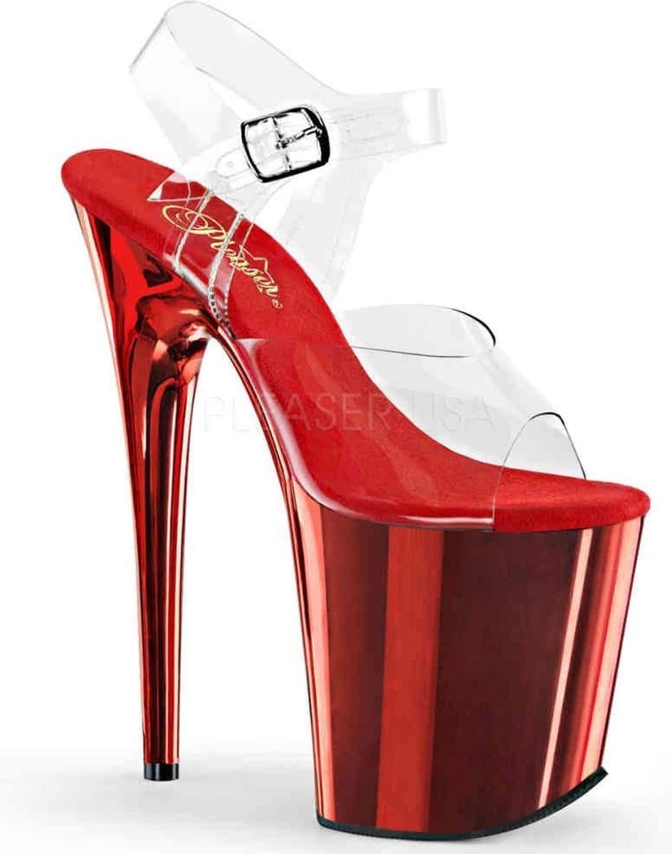 Pleaser - FLAMINGO-808 Sandaal met enkelband, Paaldans schoenen - Paaldans schoenen - 42 Shoes - Rood/Transparant — afbeelding 1