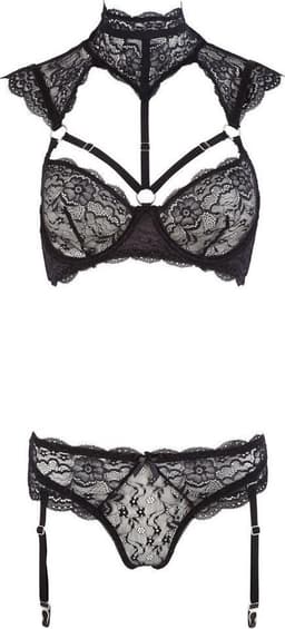 Cottelli Collection –  Lingerie Set met Kanten Afwerking en Jarretelbanden – Maat 80C/M – Zwart — thumbnail 5