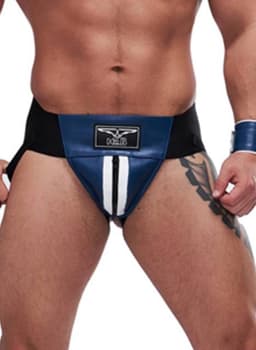 Mister B leren circuit jockstrap blauw met witte bies - large — thumbnail 1