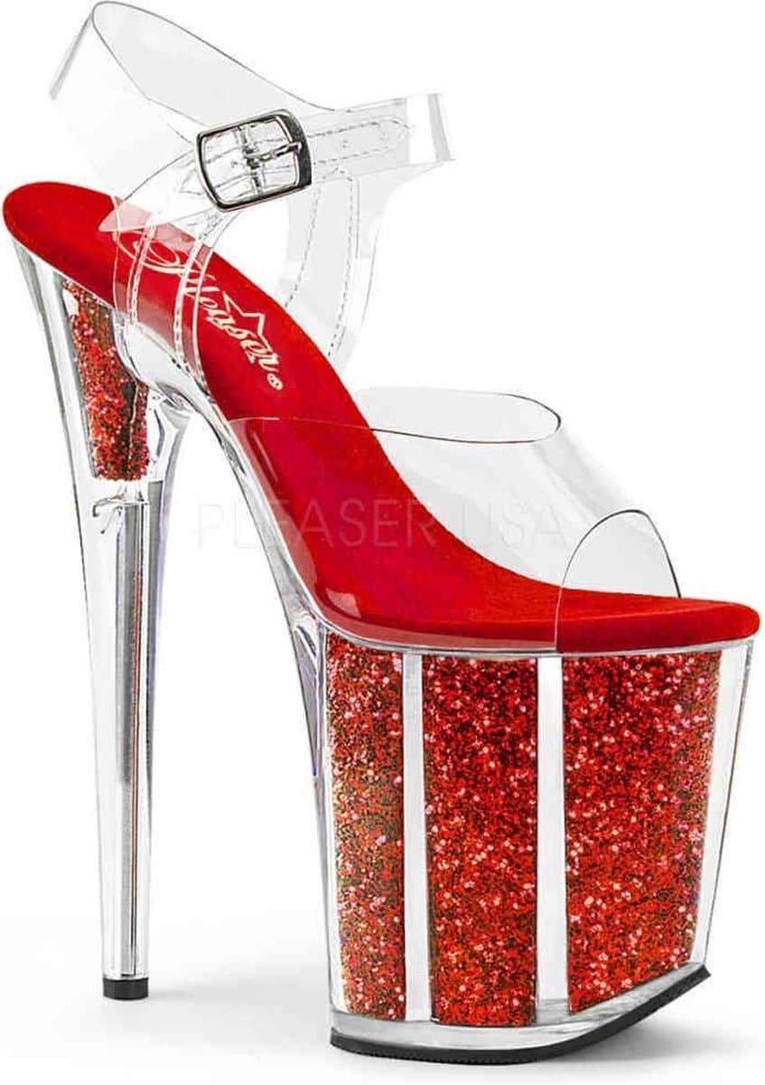 Pleaser - FLAMINGO-808G Sandaal met enkelband, Paaldans schoenen - Paaldans schoenen - 37 Shoes - Rood/Transparant — afbeelding 1
