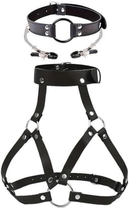 Verstelbaar BDSM-harnas voor vrouwen met tepelklemmen en gag. Leren bondage harnas voor rollenspel – beginners & gevorderden - SM - Kinky - Fetish — thumbnail 2