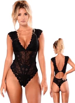 Erotische Body I Lingerie Body Kostuum I Sexy Erotisch Ondergoed I Gebloemde Kant Patroon I Maat L Zwart — thumbnail 1