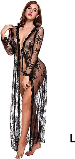 Verleidelijke Sexy Kanten Dames Kimono met Bloemenmotief – Doorzichtig & Comfortabel | Maat L | Spandex/Lycra — thumbnail 1