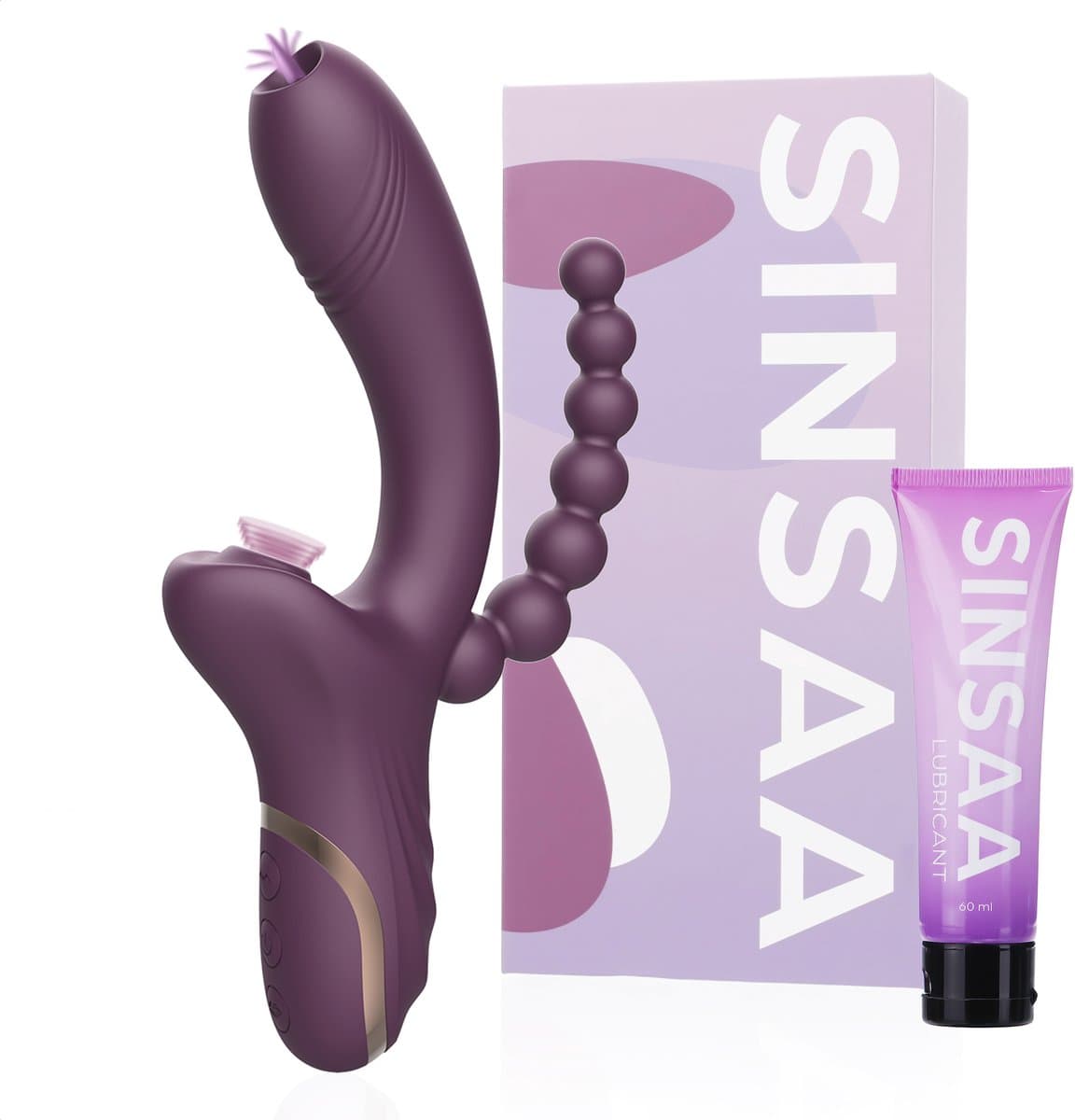 Sinsaa Tarzan Vibrator - Rabbit Vibrator – G-Spot & Luchtdruk Clitoris Stimulator – Anaal kralen - Vibrators voor vrouwen - 10 Vibratiesnelheden & 5 Zuigfunctie snelheden - Inclusief glijmiddel – Lana – Donker Paars — afbeelding 1
