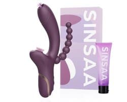 Sinsaa Tarzan Vibrator - Rabbit Vibrator – G-Spot & Luchtdruk Clitoris Stimulator – Anaal kralen - Vibrators voor vrouwen - 10 Vibratiesnelheden & 5 Zuigfunctie snelheden - Inclusief glijmiddel – Lana – Donker Paars