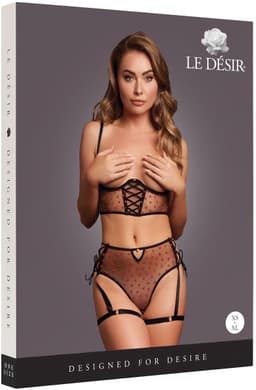 Two Piece Set with Underwired Open-Cup Bra and Panty with Laced Up Details - Plus Size - Black — thumbnail 7