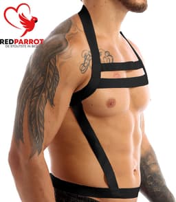 Triple BDSM harnas heren - Erotische harnas manen - Elastisch - One size - Schouder + Borst + Buik - Open crotch - Sexy — thumbnail 2