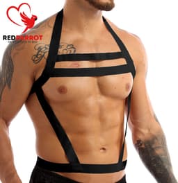 Triple BDSM harnas heren - Erotische harnas manen - Elastisch - One size - Schouder + Borst + Buik - Open crotch - Sexy — thumbnail 3