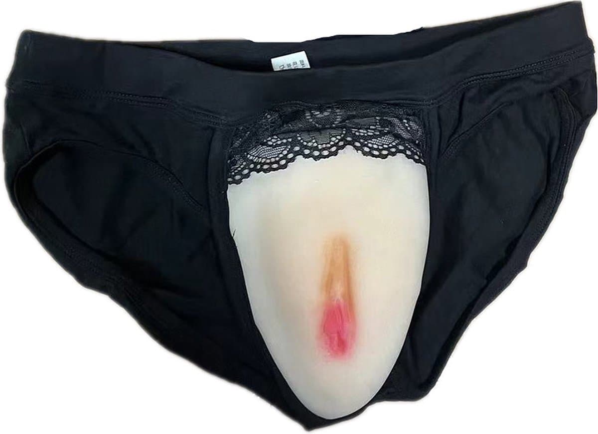 Slip met geïntegreerde 100% hypoallergene medische siliconen - L - zwart - kanten details - realistisch - nepvagina - kunstvagina - onderlichaam - erotisch ondergoed - geslachtsdeel - cosplay - transgender - femboy - clitoris - elastisch - vulva - — afbeelding 1