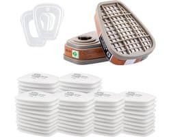 Hoge kwaliteit respirator filtermasker met 60 filtercartridges, 2 extra filters en 2 deksels voor optimale bescherming tegen organische dampen en chemicaliën. Geschikt voor diverse modellen.