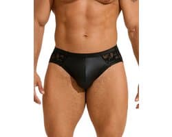Sexy heren slips van leer en kant - maat L/XL - BDSM - black sexy leather lace men underwear - clubwear heren latex ondergoed erotiek mannen
