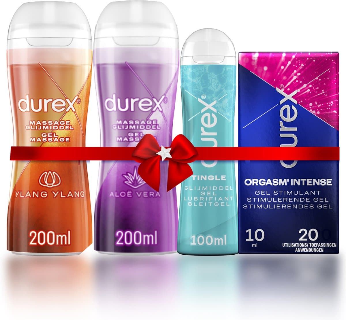 Durex - 3 Glijmiddelen en 1 Stimulerende gel - Voor Masturbation - Waterbasis – Massage 2in1 Ylang Ylang 200ml - Massage 2in1 Aloe Vera 200ml – Tingle 100ml - Orgasm Intense Stimulerende Glijmiddel 10ml - Voordeelverpakking - Cadeau voor man en vrouw — afbeelding 1