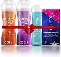 Durex - 3 Glijmiddelen en 1 Stimulerende gel - Voor Masturbation - Waterbasis – Massage 2in1 Ylang Ylang 200ml - Massage 2in1 Aloe Vera 200ml – Tingle 100ml - Orgasm Intense Stimulerende Glijmiddel 10ml - Voordeelverpakking - Cadeau voor man en vrouw — thumbnail 1