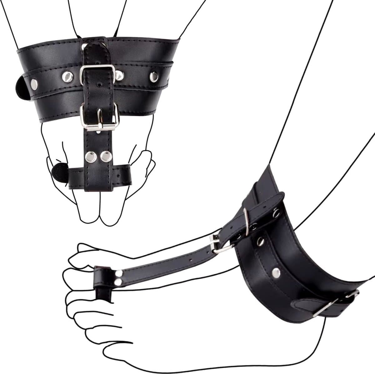 Enkel en tenen bondage – Zwart - Faux Lederen Handboeien – BDSM boeien - Been vastbinden — afbeelding 1