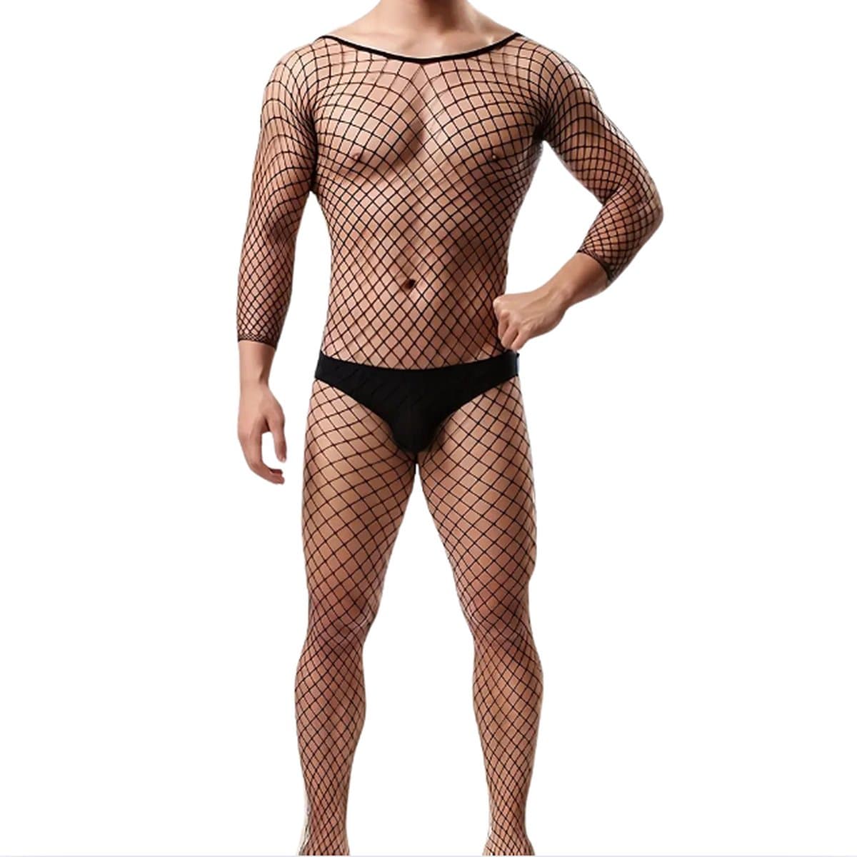 LekkerStout Heren Visnet Bodystocking - Zwart - Sexy Herenlingerie | M-XL | ( LS245 ) — afbeelding 1
