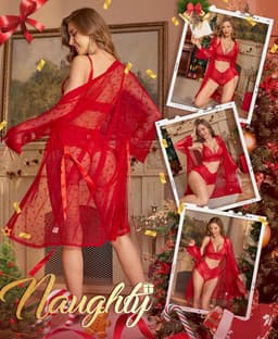 Sexy kanten lingerie set met doorschijnende badjas 3-delig nachtkleding — thumbnail 4