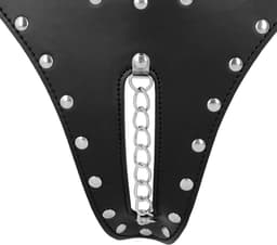 PU Leather Chastity Thong with Chain Detail - Black — thumbnail 13