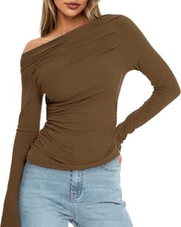 Dames Shirt met Lange Mouwen Asymmetrisch Schoudervrij Slim Fit Stretch Bovenstuk — thumbnail 2