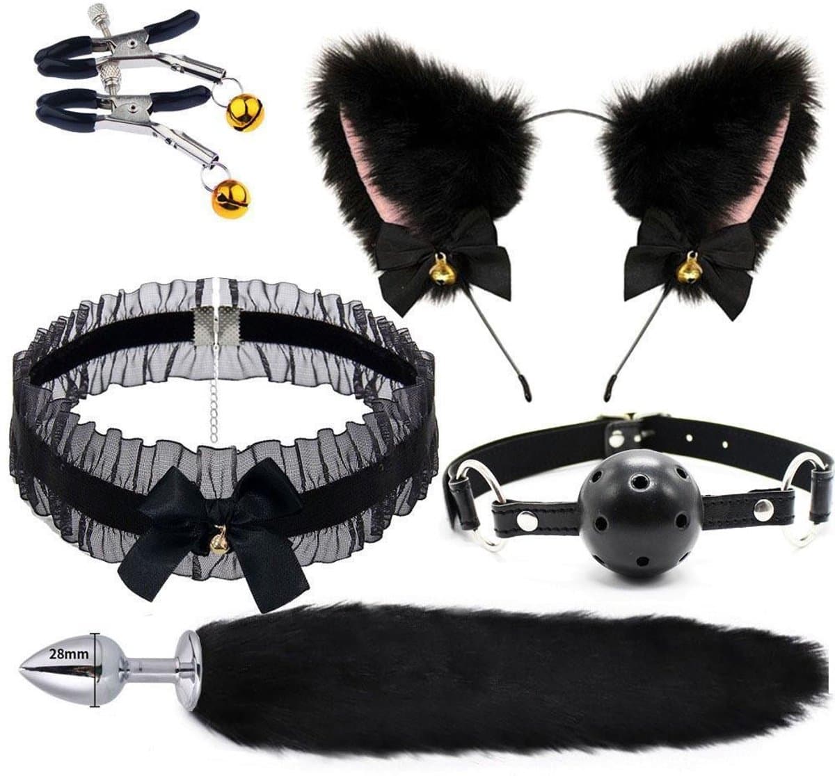 Oneay BDSM Speelgoedset – Anaalplug met Vossenstaart, Halsband, Tepelklemmen & Kattenoortjes & Gags– Rollenspel Set voor Beginners (Vrouwen) - Zwart — afbeelding 1