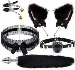 Oneay BDSM Speelgoedset – Anaalplug met Vossenstaart, Halsband, Tepelklemmen & Kattenoortjes & Gags– Rollenspel Set voor Beginners (Vrouwen) - Zwart — thumbnail 1