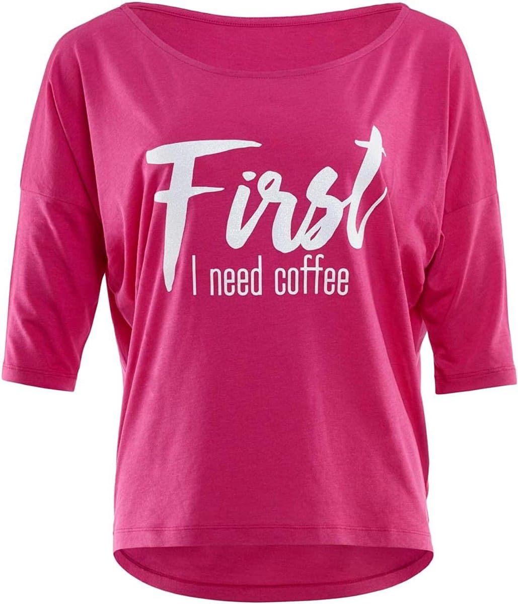 Dames T-Shirt met 3/4 Mouwen en 'First I Need Coffee' Glitteropdruk — afbeelding 1