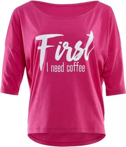 Dames T-Shirt met 3/4 Mouwen en 'First I Need Coffee' Glitteropdruk — thumbnail 1