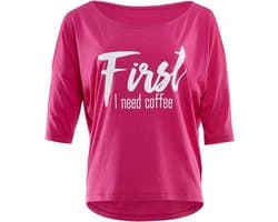 Dames T-Shirt met 3/4 Mouwen en 'First I Need Coffee' Glitteropdruk