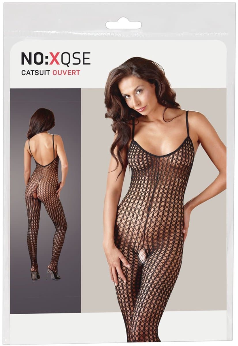 Mandy Mystery Lingerie -  Catsuit met mesh ontwerp en open kruis - Maat XL/2XL - Zwart — afbeelding 1