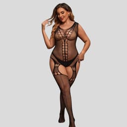 Elana Alessyne Plus Size Bodystocking – Zwart Visnet met Jarretel Look – Hoge Rekbaarheid – Full Body Lingerie — thumbnail 5