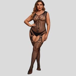 Elana Alessyne Plus Size Bodystocking – Zwart Visnet met Jarretel Look – Hoge Rekbaarheid – Full Body Lingerie — thumbnail 9