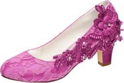 Elegante Bruidsschoenen Dames met Kant, Strass Bloem en Dikke Blokhak (6,5 cm) — thumbnail 1