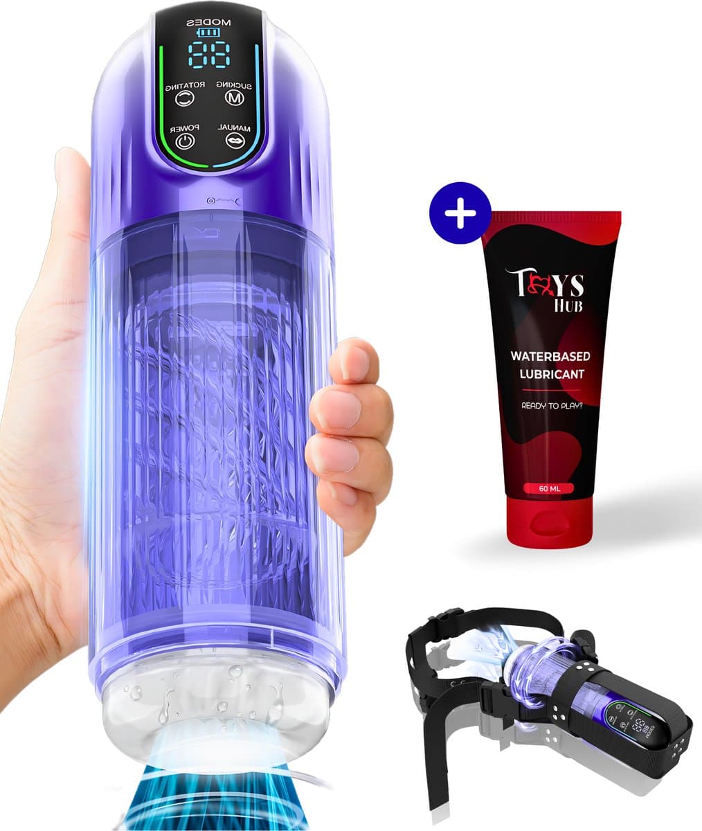 Toys Hub® Automatische Masturbator MAX met Strap & Glijmiddel - E-book – LED scherm – Water Massage - Pocket Pussy - Blowjob Simulator - Elektrisch - Sex Toys voor Mannen Zelf Aftrekken — afbeelding 1