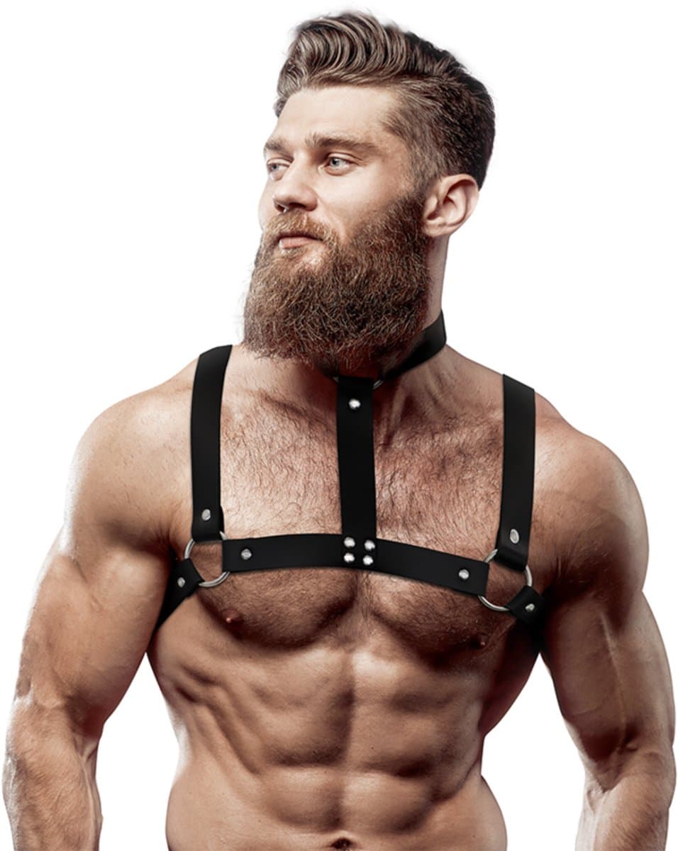Fetish Submissive Attitude - Adjustable Eco-Leather Chest Harnas With Necklace For Men — afbeelding 1