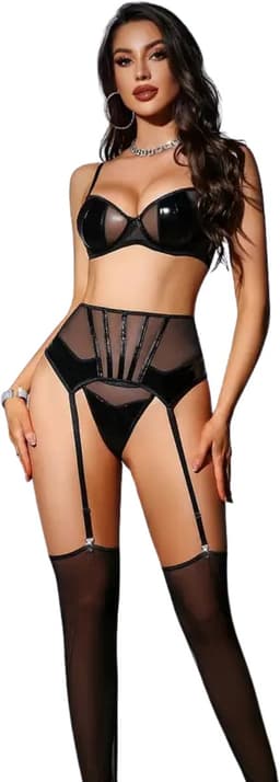 Sexy lingerie Set – Erotische Lingerie Dames – Zwart – Luxe Jarretelset met BH, Slip en Jarretels – Lak & Mesh Lingerie Erotisch Dames – Latex – PU – Kinky – Clubwear – Boudoir Lingerie – 3-delige set – Dare to Undress – Maat XS/S, M & L — thumbnail 3