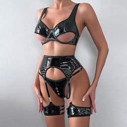 Sexy leren lingerie bodysuit voor dames, zwart gelakt PU-leer, sexy holle exotische lingerie voor dames, maat M (bovenlengte 30 cm, broeklengte 17 cm, roklengte 25 cm) — thumbnail 3