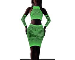 4-delige Neon deluxe outfit - Glow in the dark lingerie - Mouwen - Rokje - Sexy top - Nachtclub - Erotische visnet look - One size