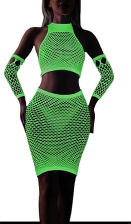 4-delige Neon deluxe outfit - Glow in the dark lingerie - Mouwen - Rokje - Sexy top - Nachtclub - Erotische visnet look - One size — thumbnail 3