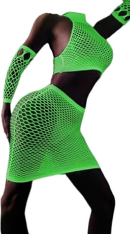4-delige Neon deluxe outfit - Glow in the dark lingerie - Mouwen - Rokje - Sexy top - Nachtclub - Erotische visnet look - One size — thumbnail 1