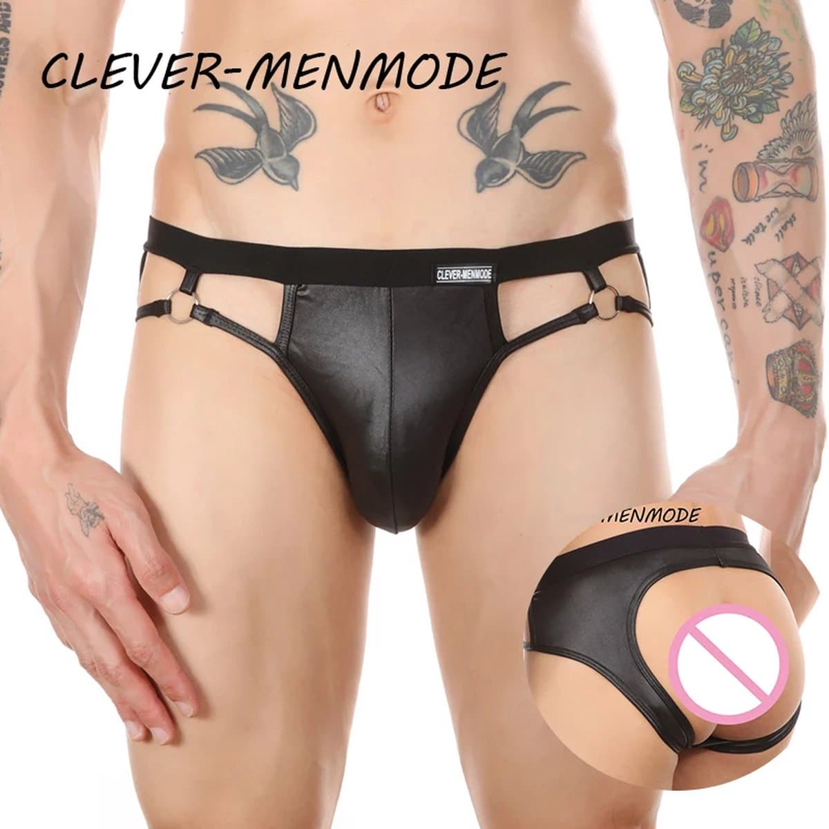 Open-butt-Slip-sexy-Heren-Goedkoop-Pu-Sexy-lederlook-Gay-Homoslip-Model-Erotisch — afbeelding 1