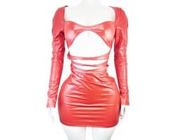 Jurk - Maat L/XL - Rood sexy jurkje - Datex (mix van Latex en stof) Glans wetlook kleed met openingen