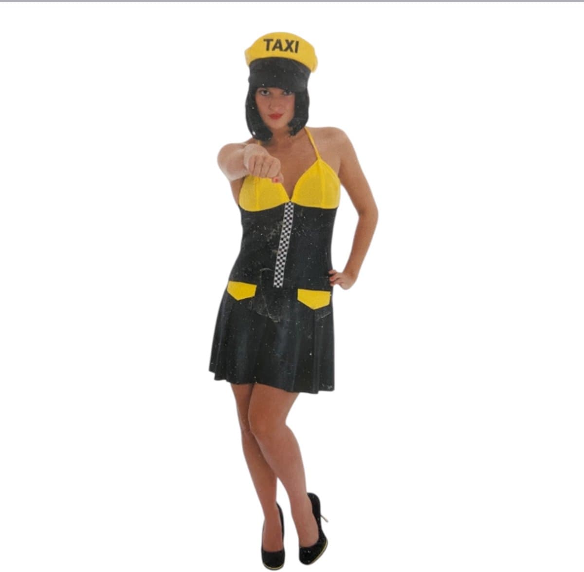 Kinky Taxi Chauffeur Kostuum – Sexy Zwart/Geel Jurkje met Bijpassende Pet – Maat S — afbeelding 1