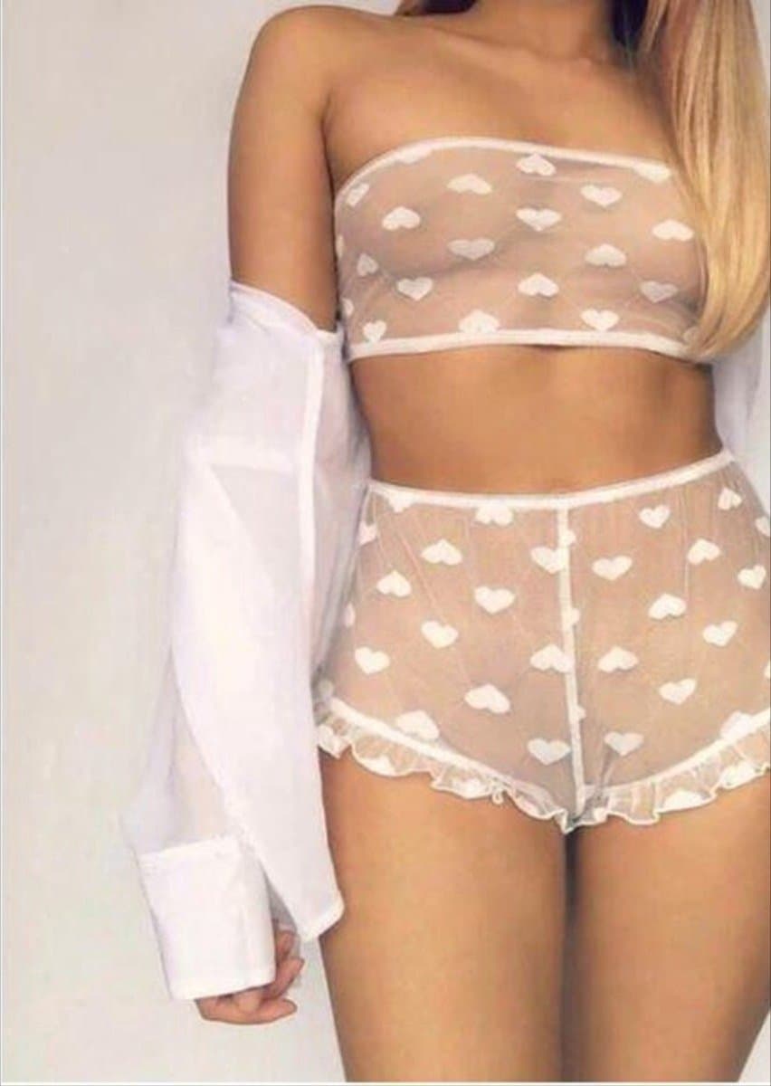 Jumada's - Sexy Kanten Ondergoed - Lingerie setje - Wit met Hartjes - M — afbeelding 1